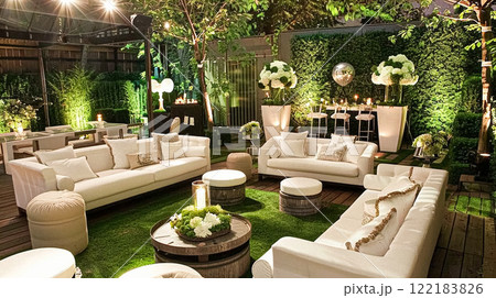 Summer party celebration in the garden, outdoor lounge and countryside house patio decor, English country cottage house design idea Summer party celebration in the garden, outdoor lounge and countryside house patio decor, English country cottage house design idea 122183826