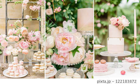 Wedding decoration with peonies, floral decor and event celebration, peony flowers and wedding ceremony in the garden, English country style Wedding decoration with peonies, floral decor and event celebration, peony flowers and wedding ceremony in the garden, English country style 122183872