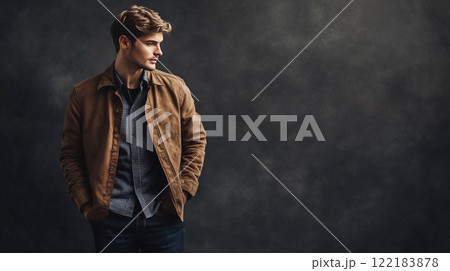Handsome English man model dressed up smart casual fashion style, exuding refined masculinity and timeless elegance idea 122183878