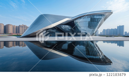 Modern architecture reflecting in water on a clear day 122183879