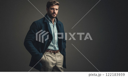 Handsome English man model dressed up smart casual fashion style, exuding refined masculinity and timeless elegance idea 122183939