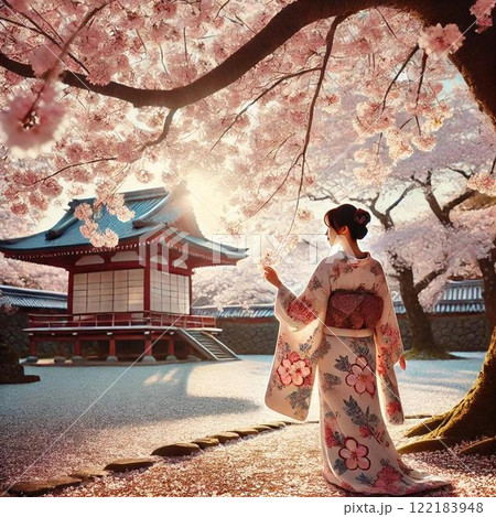 桜と着物の女性 122183948