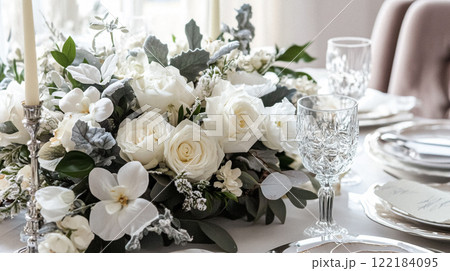 Winter interior design and decoration, elegant country cottage style room, soft neutral tones and cosy atmosphere in an English countryside manor home interior idea 122184095