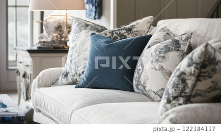 Winter interior design and decoration, elegant country cottage style room, soft neutral tones and cosy atmosphere in an English countryside manor home interior idea 122184117