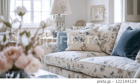 Winter interior design and decoration, elegant country cottage style room, soft neutral tones and cosy atmosphere in an English countryside manor home interior idea 122184128