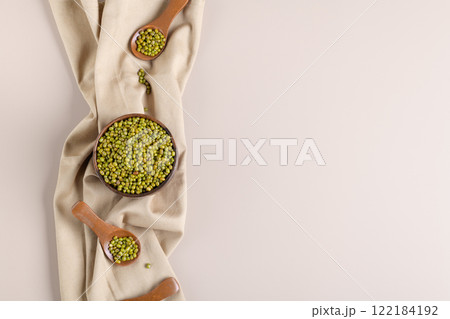 Protein-rich mung beans in a wooden bowl, banner Protein-rich mung beans in a wooden bowl, banner 122184192