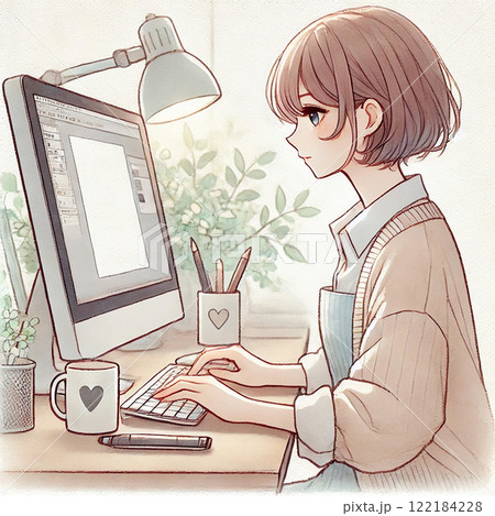デスクで作業をする女性イラストレーターの穏やかなシーン 122184228