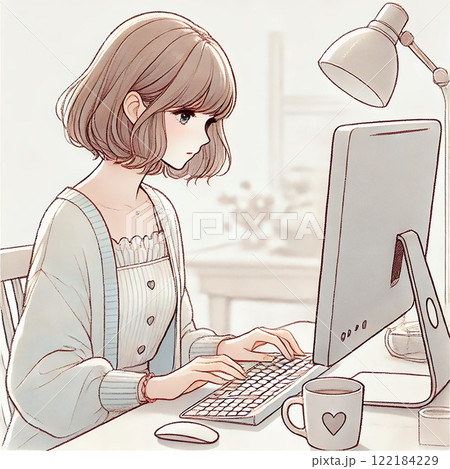 デスクで作業をする女性イラストレーターの穏やかなシーン 122184229
