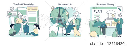 Generational wisdom and retirement planning set. Elderly woman sharing knowledge, enjoying travels, and managing finances. Intergenerational learning, leisure, and fiscal strategy. Vector illustration Generational wisdom and retirement planning set. Elderly woman sharing knowledge, enjoying travels, and managing finances. Intergenerational learning, leisure, and fiscal strategy. Vector illustration 122184264