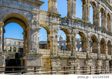 Facade of the ancient ruins of one of the largest preserved Roman amphitheaters in Pula, Istria Facade of the ancient ruins of one of the largest preserved Roman amphitheaters in Pula, Istria 122184389