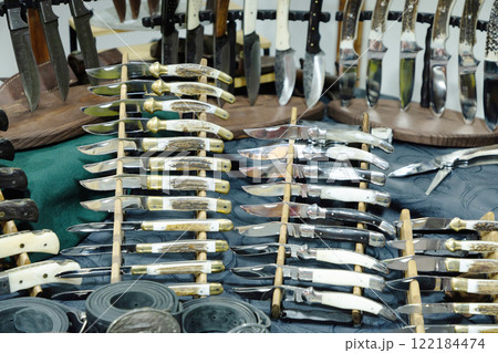 handmade folding hunting knives with handles made from natural materials 122184474