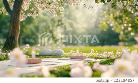Serene outdoor yoga session under blossoming trees in a tranquil springtime garden Serene outdoor yoga session under blossoming trees in a tranquil springtime garden 122184857