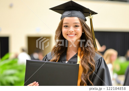 Celebrating graduation day with a smiling graduate holding her diploma in a modern ceremony venue Celebrating graduation day with a smiling graduate holding her diploma in a modern ceremony venue 122184858