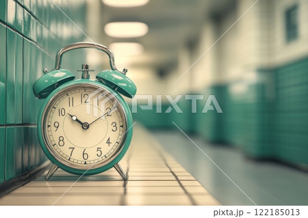 Vintage alarm clock on a tiled hallway captures a moment in time in a quiet school corridor 122185013