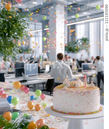 Bakery interior featuring a beautifully decorated cake with fresh strawberries during a busy day at a bustling cafe 122185090