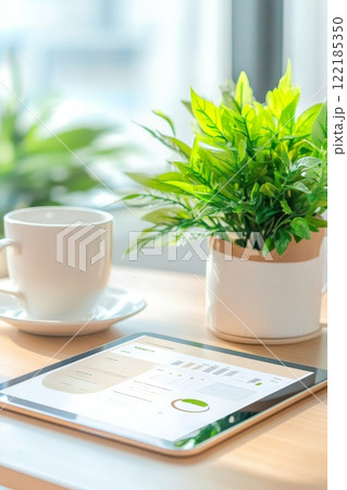 Desk with a potted plant, books, and a pen, showcasing minimalist workspace organization and greenery decor 122185350