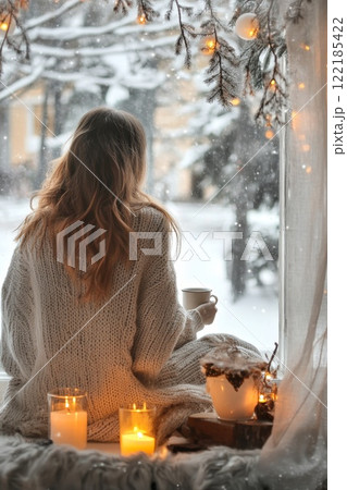 Childs hand holding a glittery transparent ornament with blurry Christmas lights behind winter holiday decor 122185422