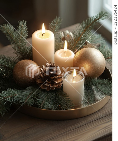 Childs hand holding a glittery transparent ornament with blurry Christmas lights behind winter holiday decor 122185424