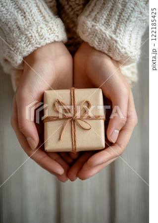 Childs hand holding a glittery transparent ornament with blurry Christmas lights behind winter holiday decor 122185425
