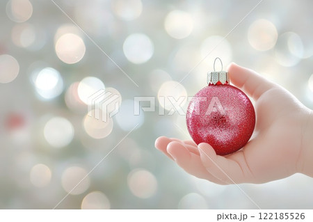 A childs hand holding a glitter-filled transparent Christmas ornament, blurred holiday lights in the background, festive scene 122185526