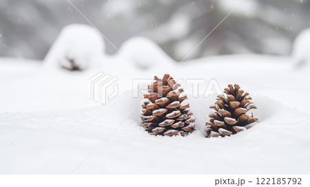 Snow-covered pinecones resting on the ground with a blurred wintery background cold nature 122185792