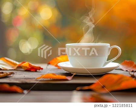 Warm drink in a white cup with steam autumn leaves on a table outdoors in the sunshine 122185811