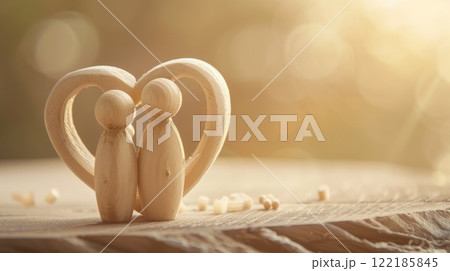 Wooden figurines of a couple inside a heart shape, soft background, love, relationship, romantic, handmade, sculpture, warm lighting 122185845
