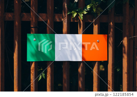 Italy flag on steel fence. Italian flags on the city street. High quality photo 122185854