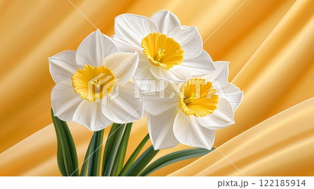 Vibrant white and yellow daffodils on a golden fabric background 122185914