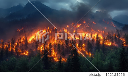 Wildfire consumes forest in mountainous region during overcast weather. Generative AI 122185926