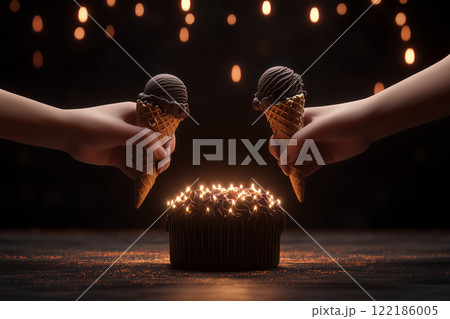 Delightful Hands Holding Waffle Cones Filled with Chocolate Ice Cream Beside a Chocolate Cake 122186005