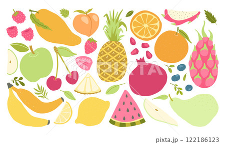 A vibrant collection of tropical fruits, including pineapple, watermelon, orange, and pomegranate. Perfect for healthy, organic, and colorful nutrition-themed designs 122186123