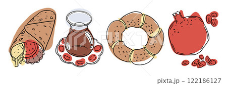 A traditional Turkish breakfast spread featuring simit, tea, and pomegranate. Perfect for culinary, Mediterranean cuisine, or morning food themes 122186127