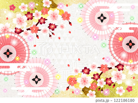 和傘と枝付き梅の和柄背景、かわいい、赤、イラスト、横 和傘と枝付き梅の和柄背景、かわいい、赤、イラスト、横 122186180
