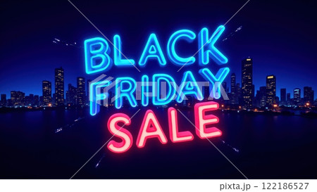 Glowing Black Friday Sale Sign Neon Text with Huge Discounts on a Dark Background 122186527