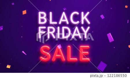 Glowing Black Friday Sale Sign Neon Text with Huge Discounts on a Dark Background Glowing Black Friday Sale Sign Neon Text with Huge Discounts on a Dark Background 122186550
