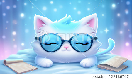 A white kitten with glasses fell asleep at a table among books 122186747