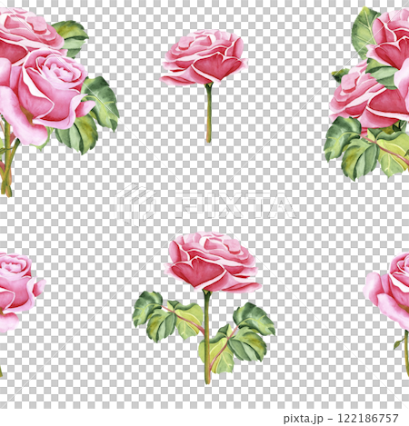 Watercolor seamless pattern of botanical bouquet. Flowers, leaves and bud on isolated background. Garden pink rose. Realistic illustration. Hand drawn in botanical style. Image for your design 122186757