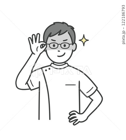 眼鏡を上げて悪巧みしてニヤける若い男性看護師 眼鏡を上げて悪巧みしてニヤける若い男性看護師 122186793