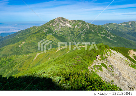 三俣蓮華岳の巻道分岐点から見る黒部五郎岳 北アルプス双六岳三俣蓮華岳登山 三俣蓮華岳の巻道分岐点から見る黒部五郎岳 北アルプス双六岳三俣蓮華岳登山 122186845