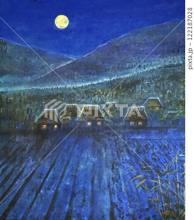 里の秋を描いた日本画 名月とススキ 里の秋を描いた日本画 名月とススキ 122187028