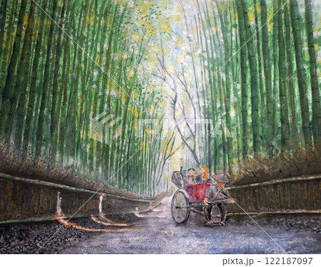 嵯峨野の人力車による竹林観光を描いた日本画 122187097