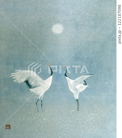 丹頂鶴の求愛ダンスを描いた日本画 丹頂鶴の求愛ダンスを描いた日本画 122187098