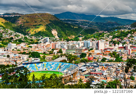 Aerial view of Downtown Tegucigalpa with Chelato Ucles National Stadium. The capital of Honduras Aerial view of Downtown Tegucigalpa with Chelato Ucles National Stadium. The capital of Honduras 122187160