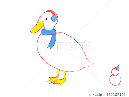 マフラーと耳当てをしたアヒルと雪だるまのイラスト 122187191