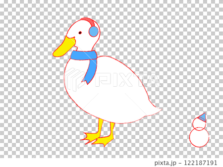 マフラーと耳当てをしたアヒルと雪だるまのイラスト 122187191