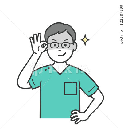 眼鏡を上げて悪巧みしてニヤける若い男性歯科医師 122187199