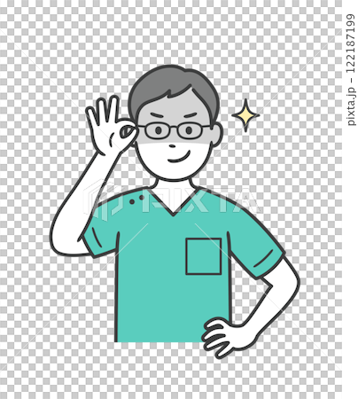 A young male dentist pushing up his glasses and grinning slyly 122187199