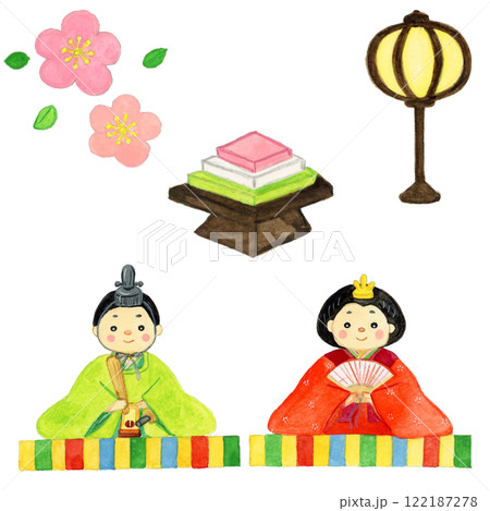 手描き水彩の可愛いひな祭りのイラストセット 122187278