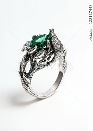 Elegant Silver Leaf Ring with Green Gemstone Elegant Silver Leaf Ring with Green Gemstone 122187448